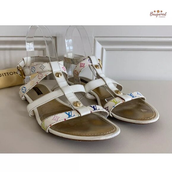 Authentic Louis Vuitton White Multicolor Canvas Patent Gladiator Sandals 39.5 - Picture 9 of 12